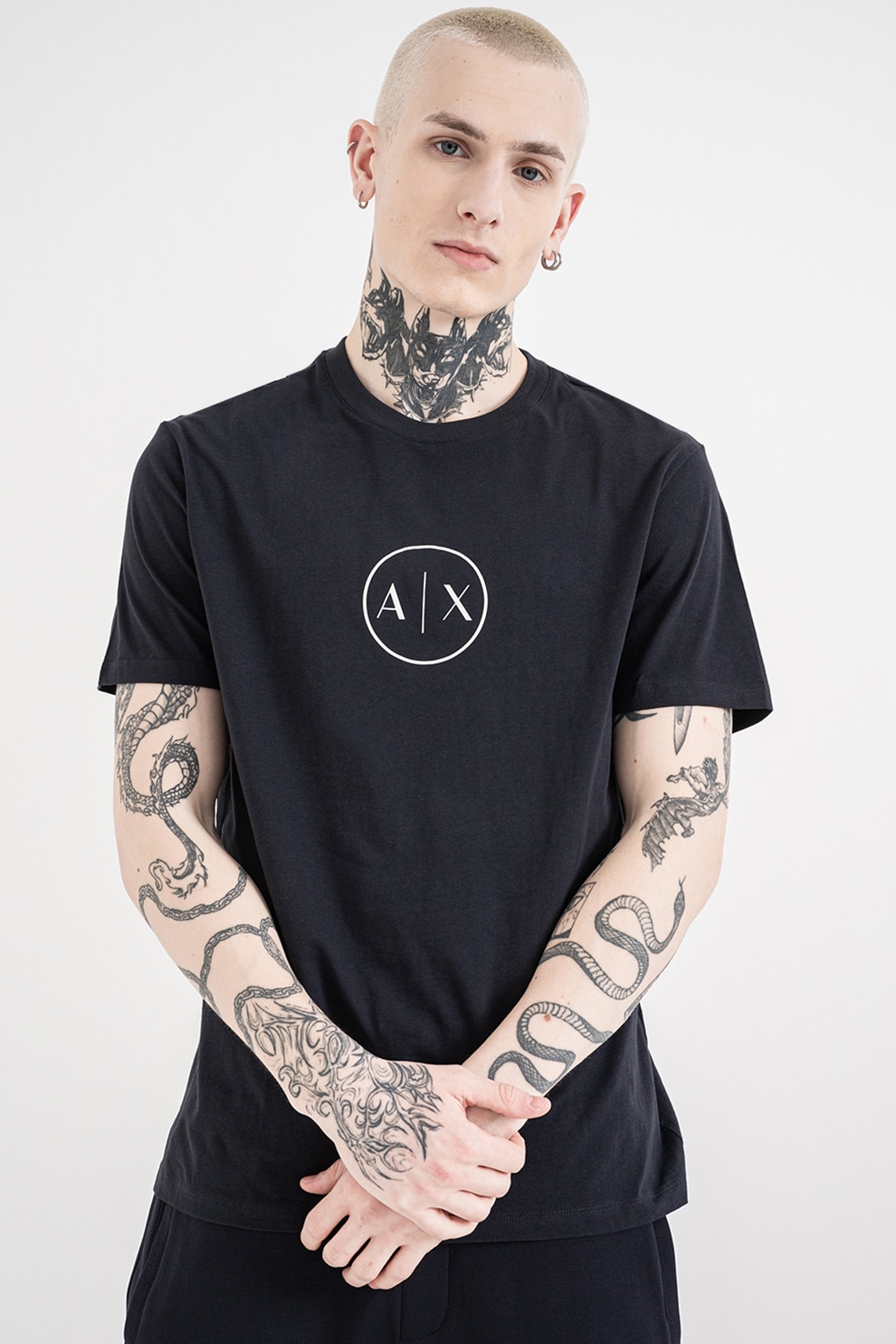 ARMANI EXCHANGE, Tricou de bumbac cu monograma, Alb, Bleumarin, S