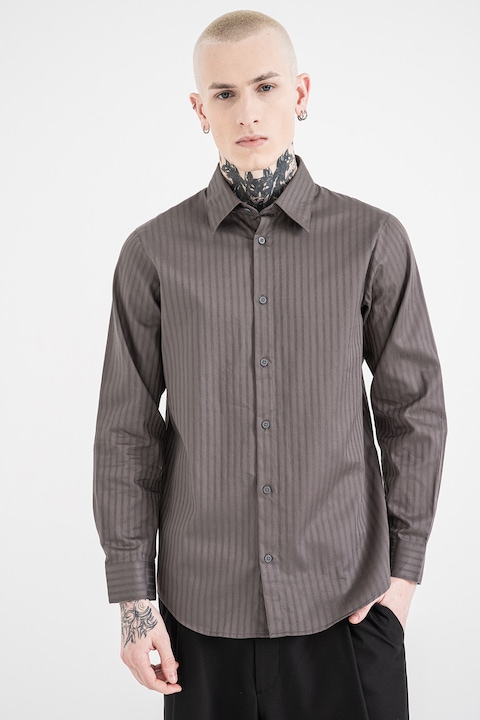 ARMANI EXCHANGE, Camasa de bumbac cu guler clasic, Gri inchis