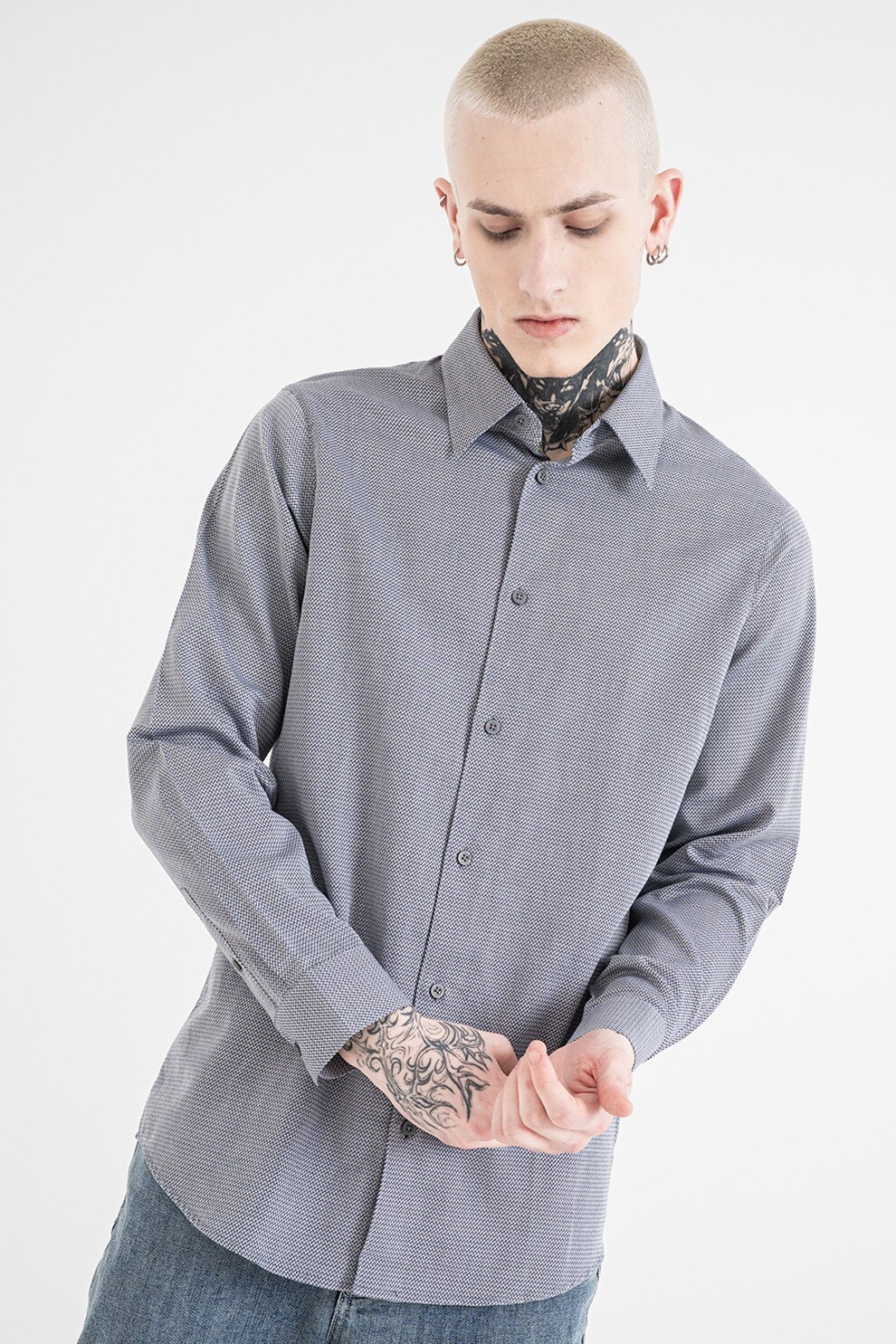 ARMANI EXCHANGE, Camasa de bumbac cu guler clasic, Albastru ultramarin, Alb murdar, L