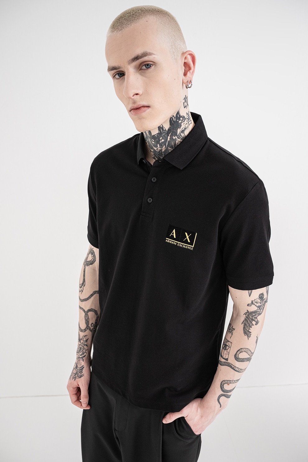 ARMANI EXCHANGE, Tricou polo de bumbac cu logo, Auriu, Negru, L