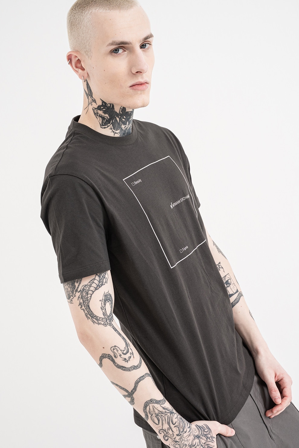 ARMANI EXCHANGE, Tricou de bumbac cu decolteu la baza gatului si imprimeu logo, Gri antracit, L