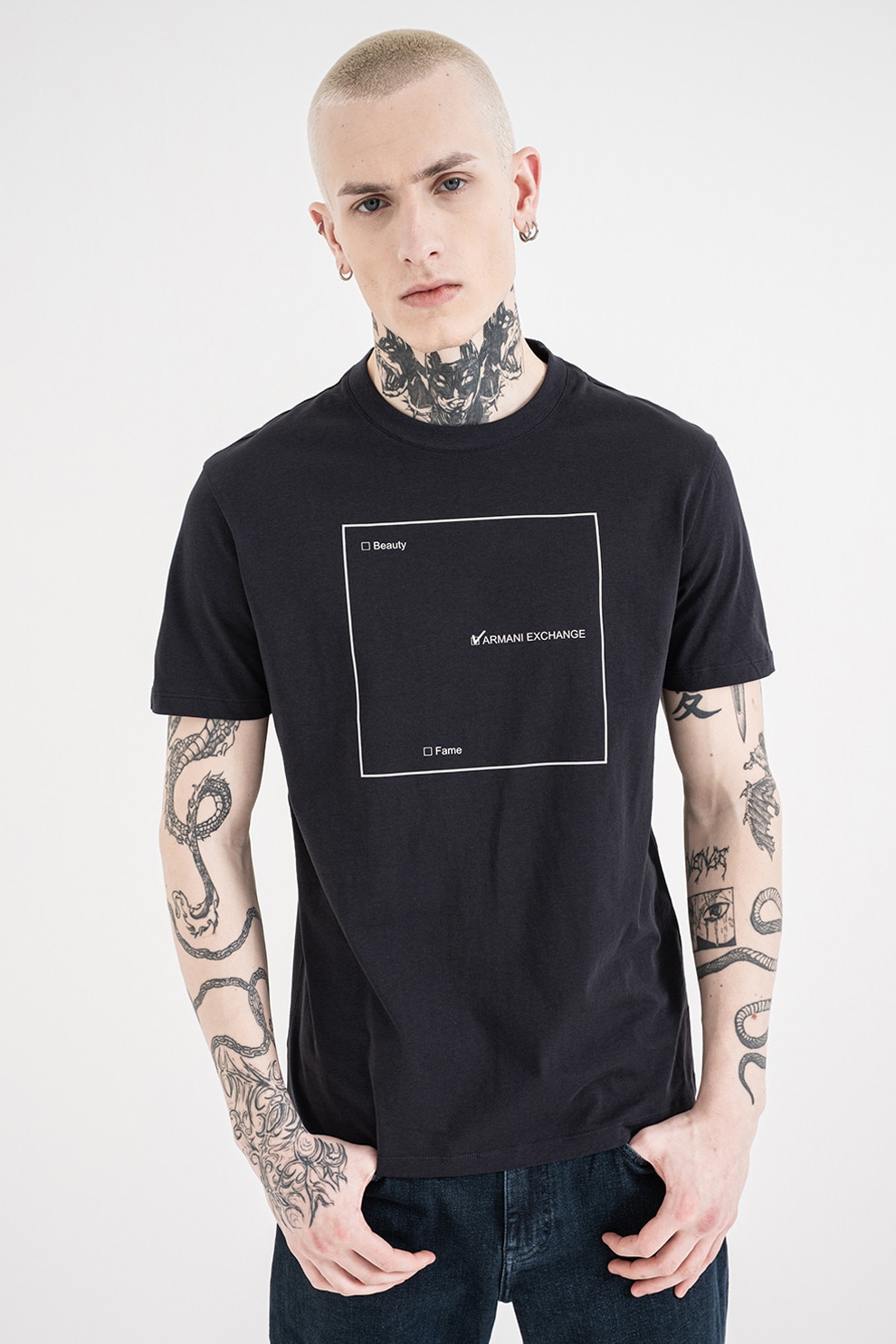 ARMANI EXCHANGE, Tricou de bumbac cu decolteu la baza gatului si imprimeu logo, Alb, Bleumarin, L