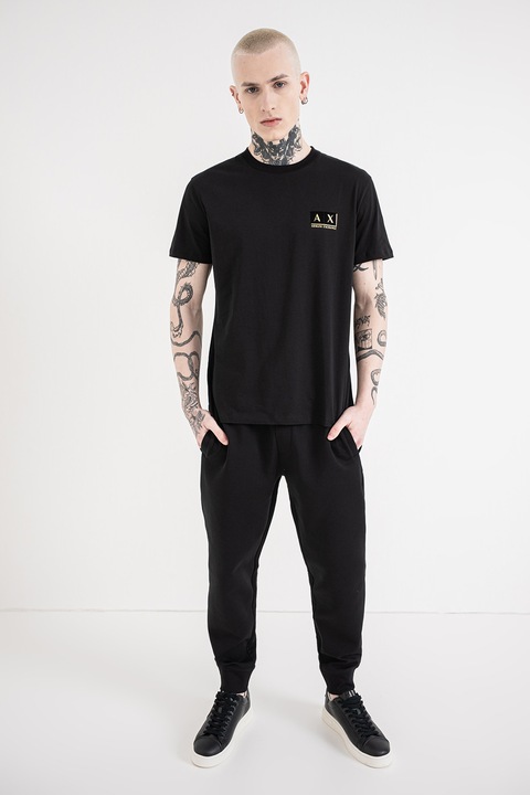 ARMANI EXCHANGE, Памучна тениска с лого, Златист/Черен