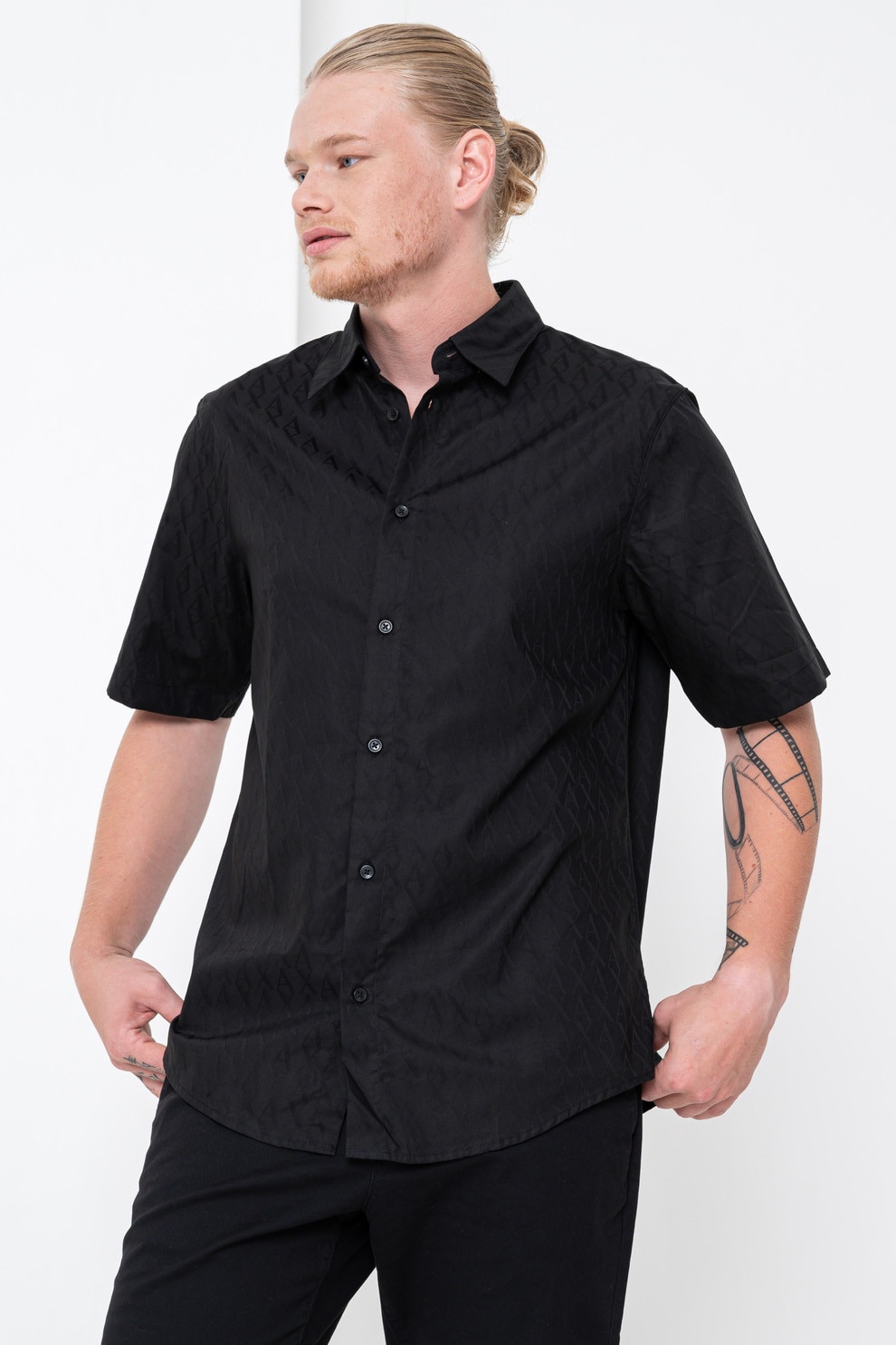 ARMANI EXCHANGE, Camasa de bumbac cu maneci scurte, Negru, XL