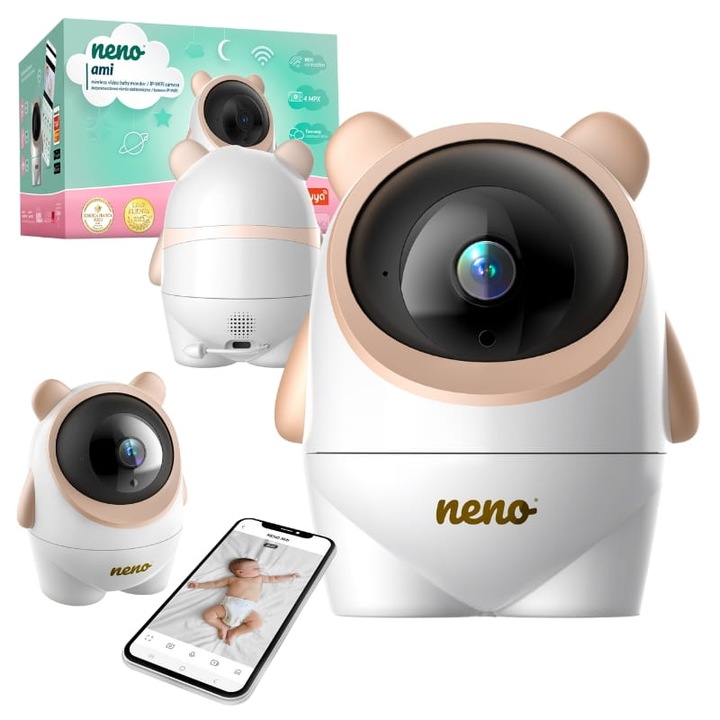 Комплект камера за деца, Neno, Ami, Гъвкава поставка, Захранване, Ръководство за потребителя, Резолюция 4 Mpx (2560×1440), Ъгъл на въртене 355° хоризонтално, 55° вертикално, Ъгъл на видимост 120°, USB-C, 5V 1A, 10 см x 10 см x 11 см, Бежова