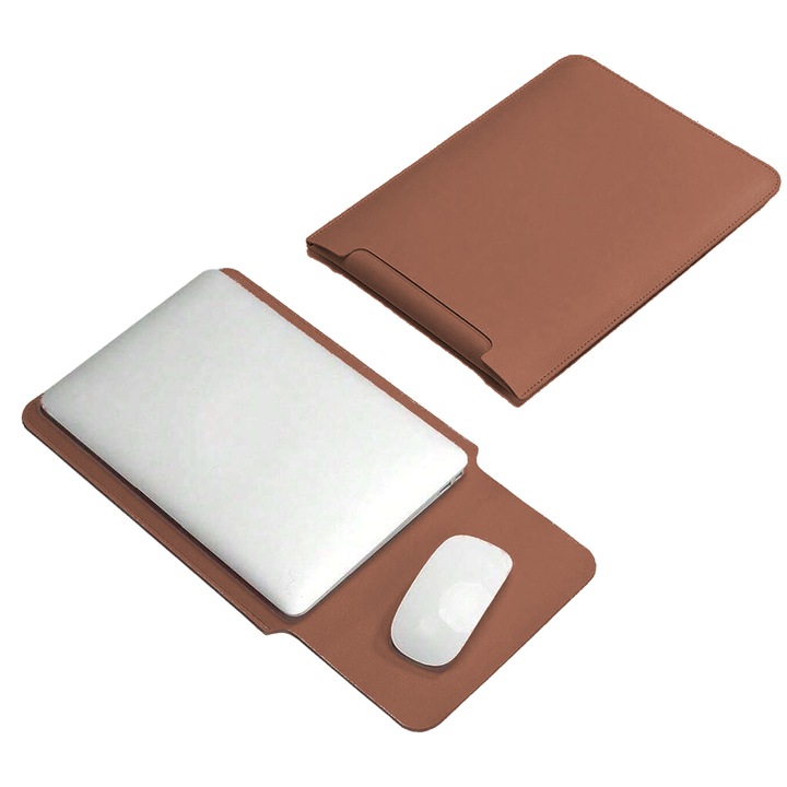 Husa pentru MacBook Pro/Air sau Laptop 13 Sleeve din piele PU premium cu mouse-pad inclus, rezistenta la apa, maro