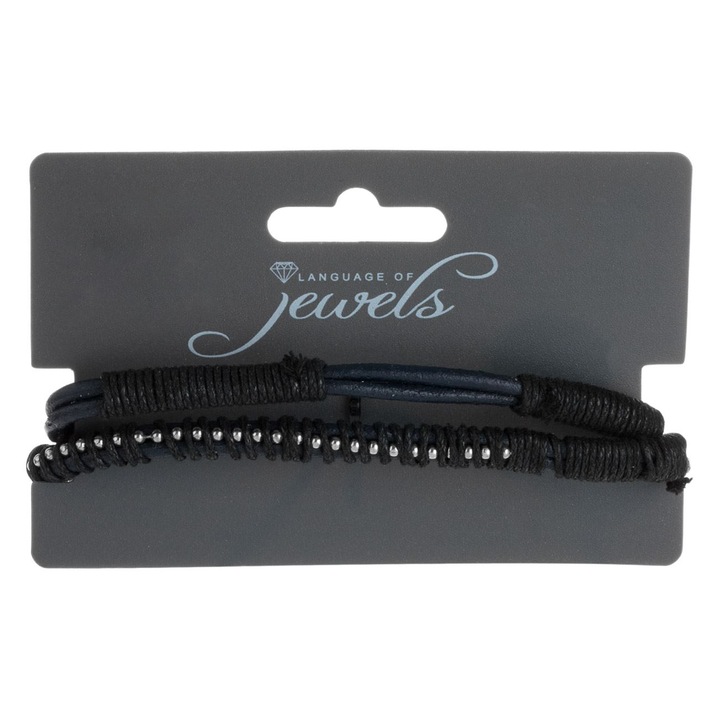 Bratara de Vara Unisex Siret Negru Bleu Dublu cu Margele de Culoare Argintie