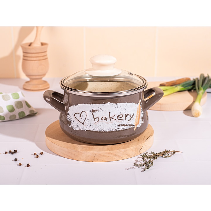 Oală Metalac 1.65l cu capac din sticlă, 14cm, email, serie Bakery