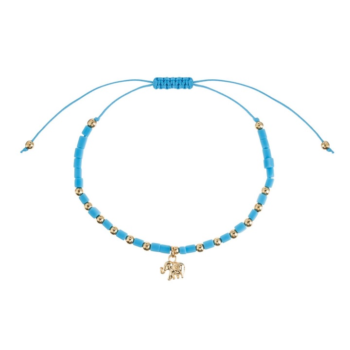 Bratara de Picior Siret Turcoaz cu Margele Elefant de Culoare Aurie