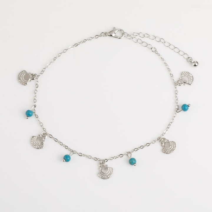 Bratara de Picior cu Lant de Culoare Argintie Scoici & Margele Turcoaz pentru Femei