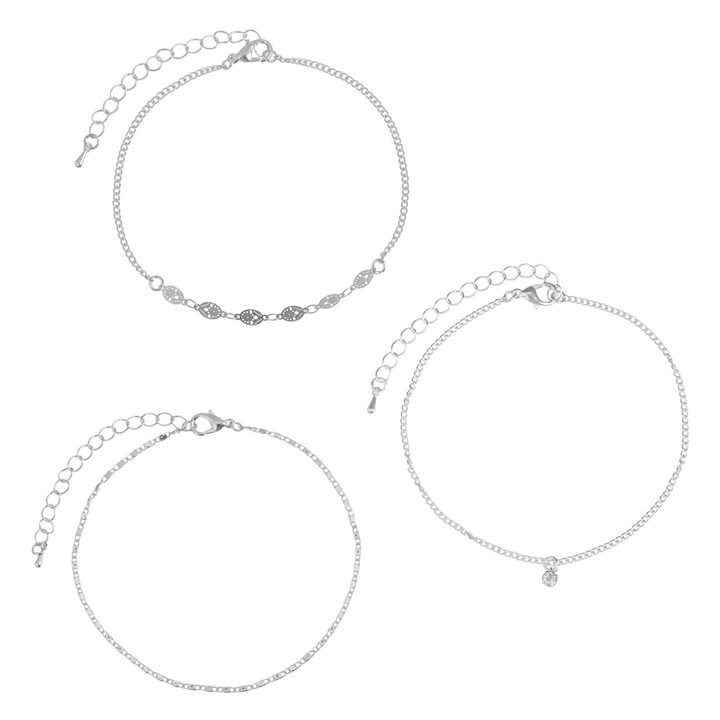 Bratara de Picior cu Lant de Culoare Argintie Floare Strarr pentru Femei - 3buc