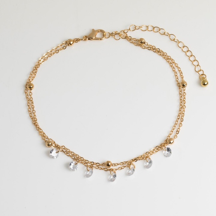 Bratara de Picior Lant Dublu de Culoare Aurie cu Stras pentru Femei