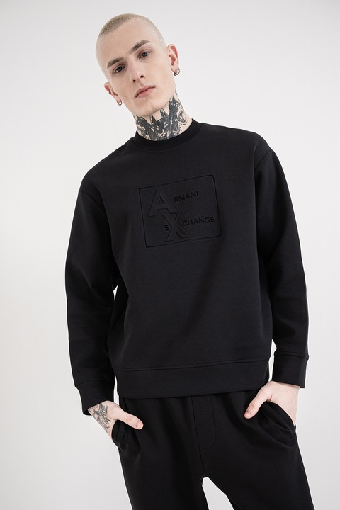 ARMANI EXCHANGE, Bluza de trening din amestec de bumbac cu logo, Negru
