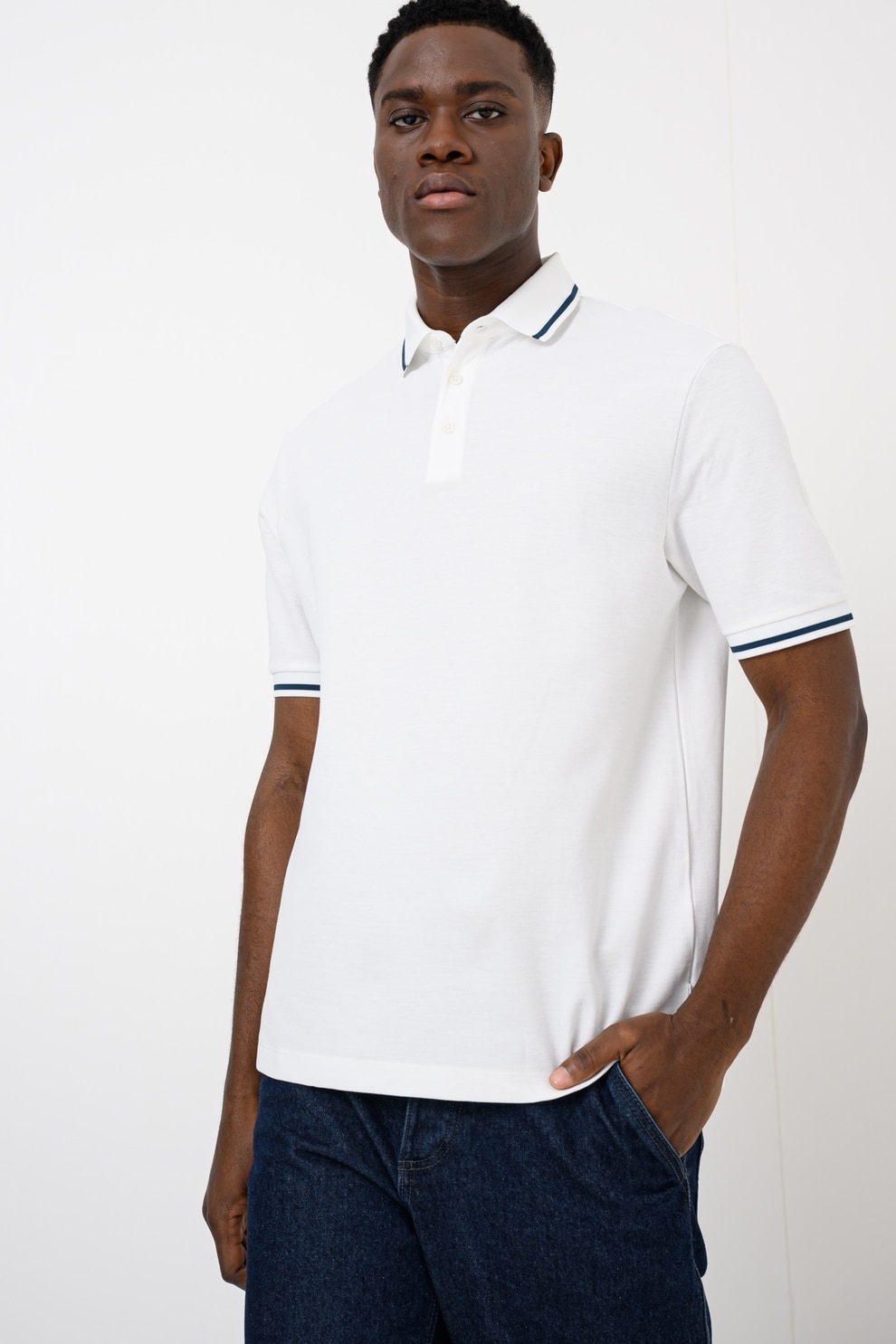ARMANI EXCHANGE, Tricou polo regular fit cu terminatie contrastanta, Alb, Albastru petrol, L