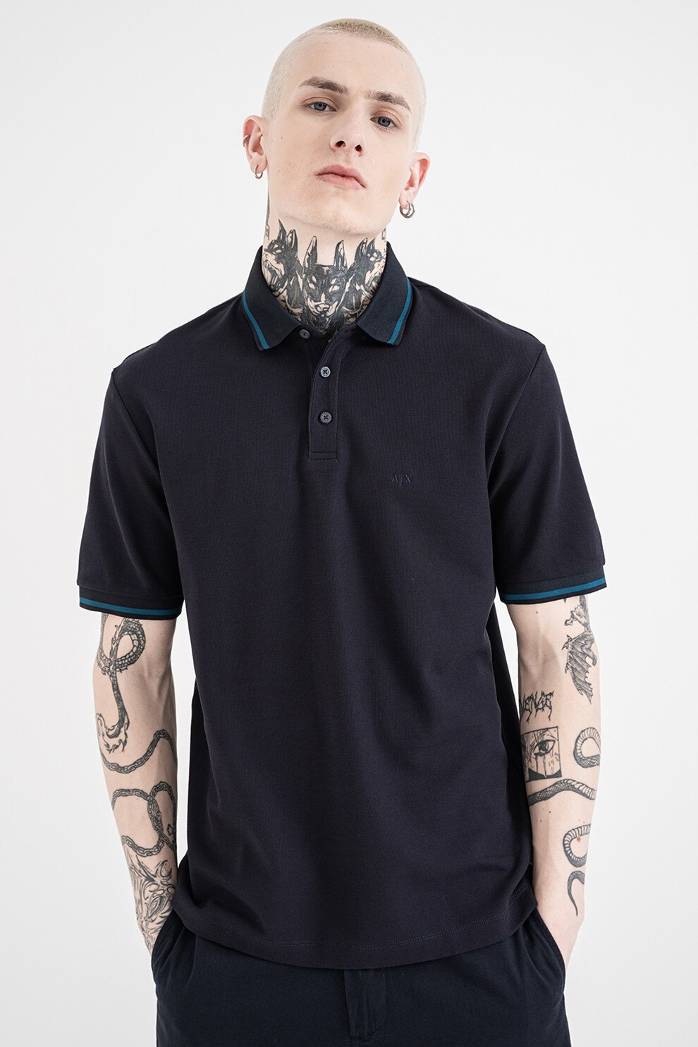 ARMANI EXCHANGE, Tricou polo regular fit cu terminatie contrastanta, Albastru petrol, Bleumarin, S