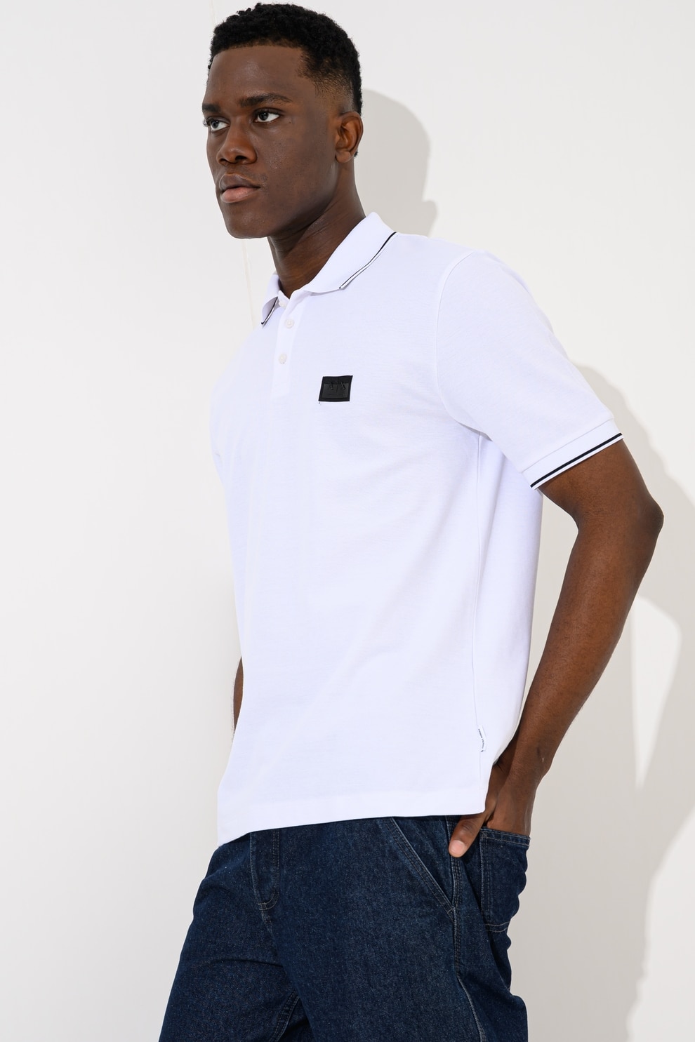 ARMANI EXCHANGE, Tricou polo regular fit din pique, Alb optic, Negru, XL