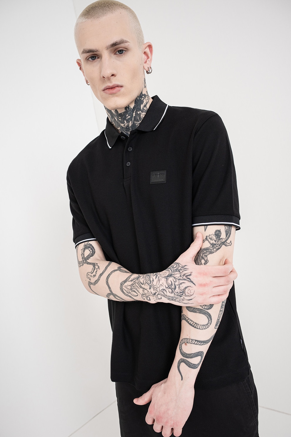 ARMANI EXCHANGE, Tricou polo regular fit din pique, Alb, Negru, M