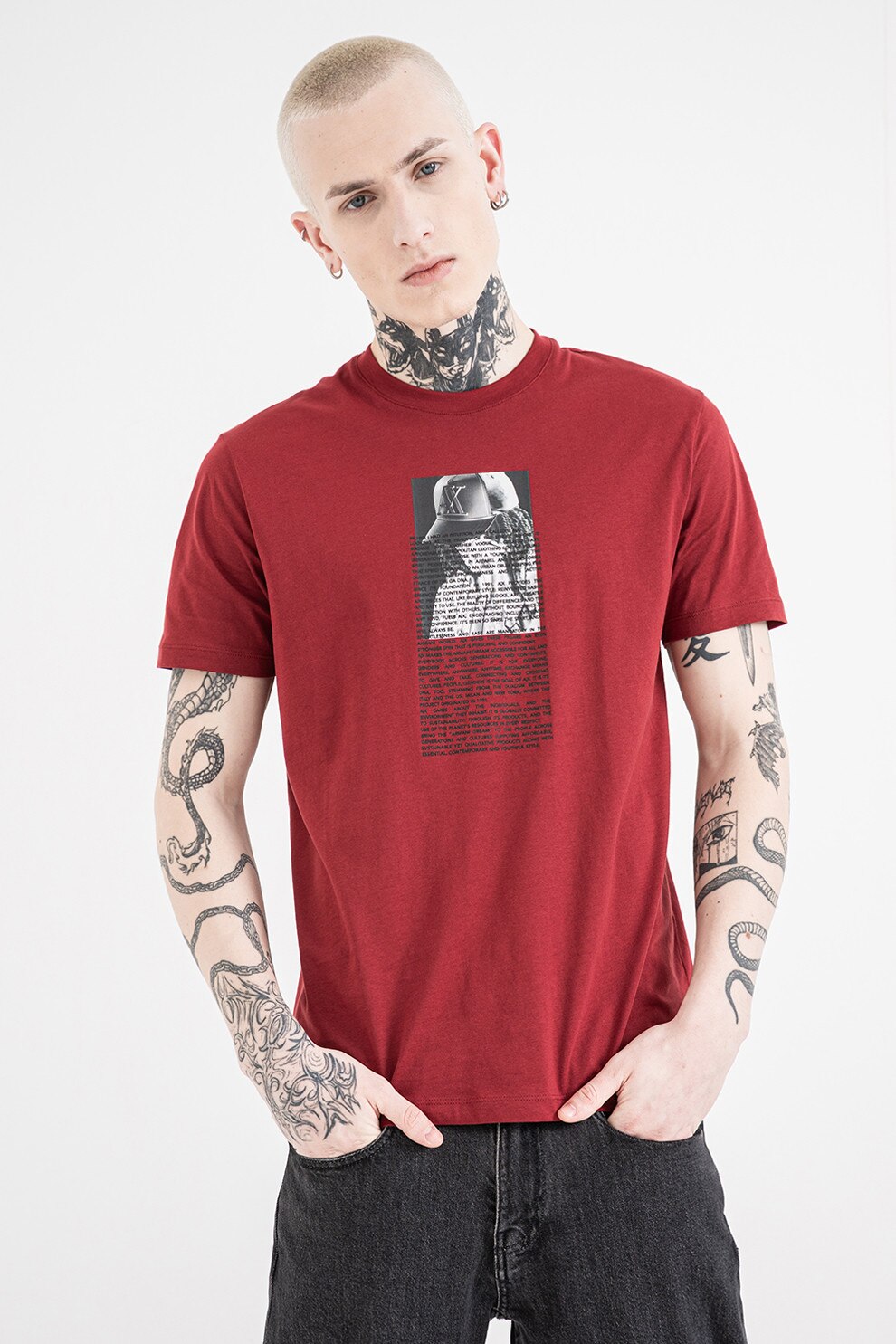 ARMANI EXCHANGE, Tricou regular fit cu imprimeu foto, Gri, Rosu inchis, L