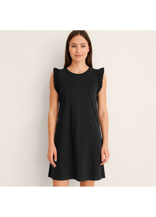Rochie de vara, neagra, bumbac, M INTL, cu volane la maneci