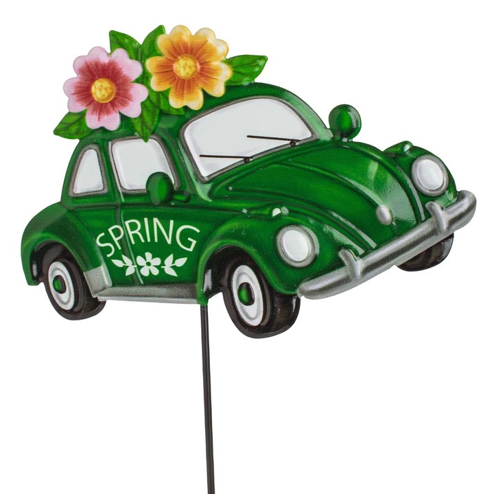 Декоративен градински стък, зелена кола с цветя и надпис "Spring", метален, 61 см, зелен