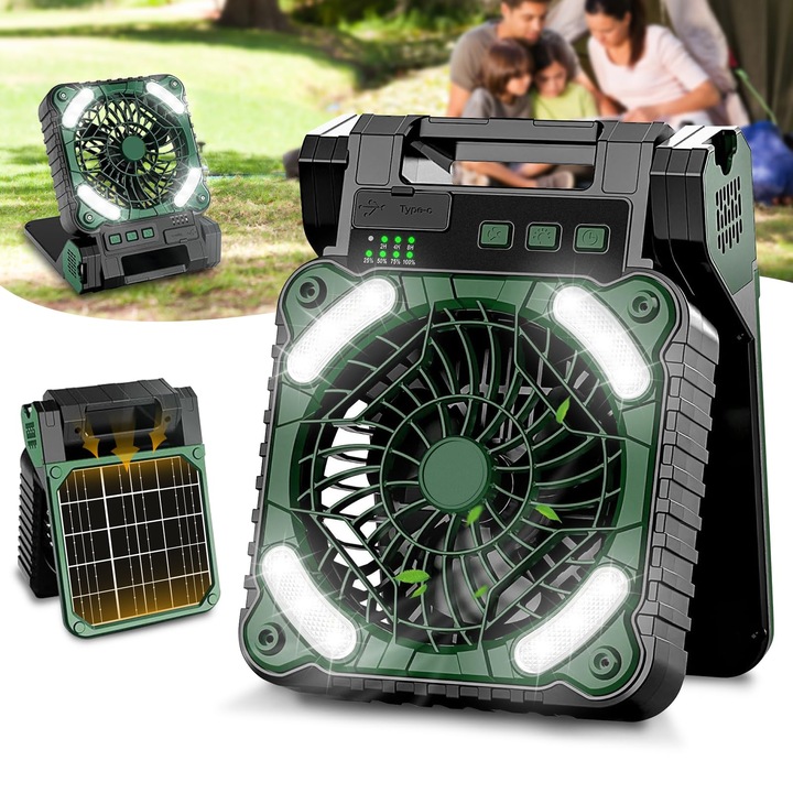 Akofic kempingventilátor 10400Mah akkumulátorral, napelemes kültéri ventilátor LED-es lámpával, 4 sebességes hordozható asztali ventilátor, csendes, újratölthető sátorventilátor kempingezéshez, utazáshoz, horgászathoz