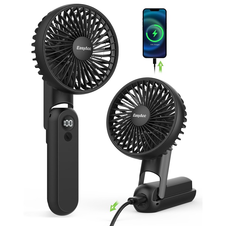 Easyacc hordozható ventilátor, 2600Mah mini hordozható ventilátor 5 sebességgel, 8 órás akkumulátor-üzemidővel, USB LED ventilátor, 4 az 1-ben újratölthető kis hordozható ventilátor utazáshoz, irodába és otthonra - fekete