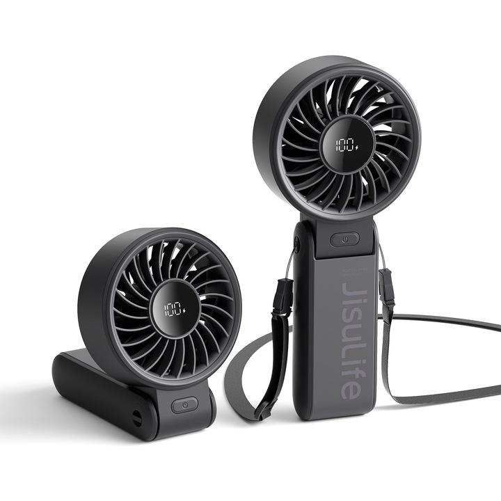 Jisulife Life7 hordozható ventilátor, nagy teljesítményű hordozható ventilátor LED kijelzővel, maximális üzemidő 19,5 óra, 5000 mAh, 3 az 1-ben hordozható/asztali/nyakventilátor, mini ventilátor utazáshoz (fekete)