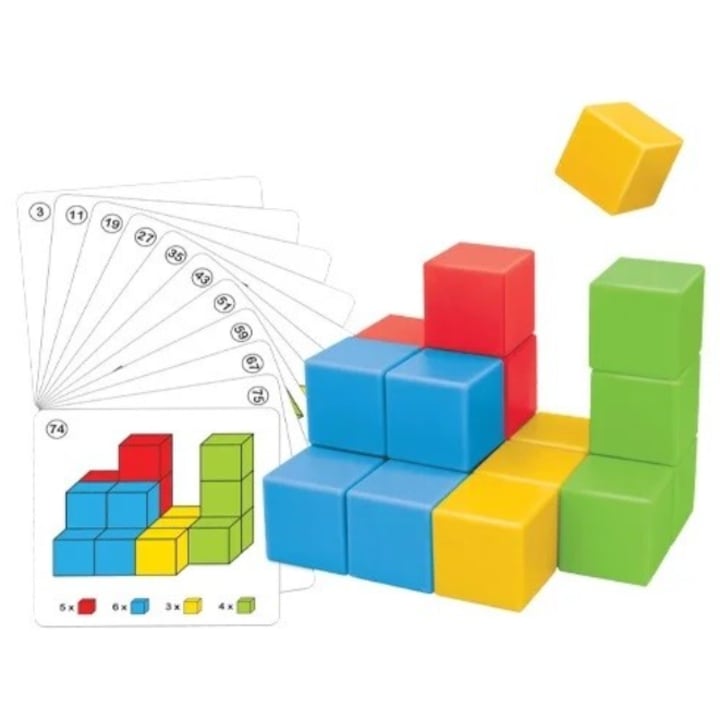 Cuburi – set de constructie cu 24 de blocuri, joc educativ cu provocari si carduri pentru copii