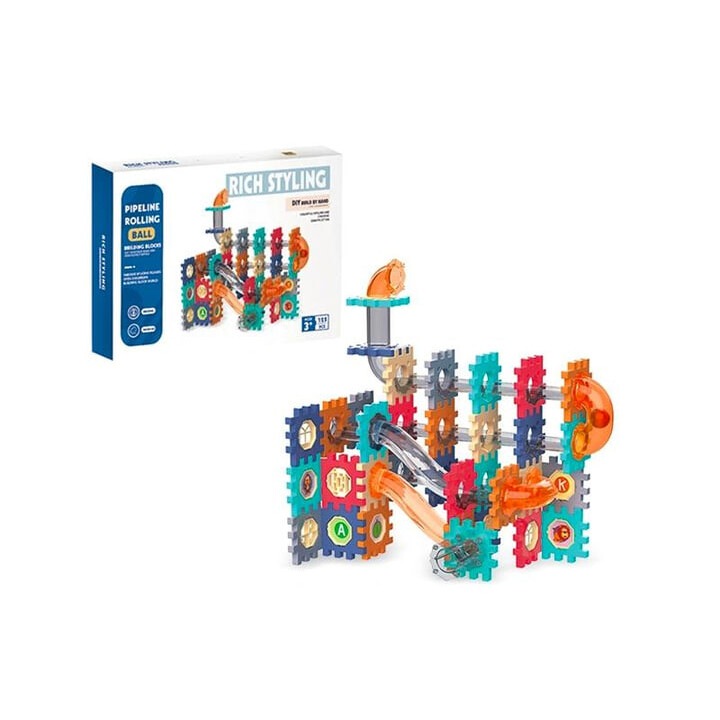 Intelli Toys Labirintus építőkészlet – Golyópálya golyókkal és matricákkal, 125 darabos, Interaktív játék gyerekeknek, 26x38 cm