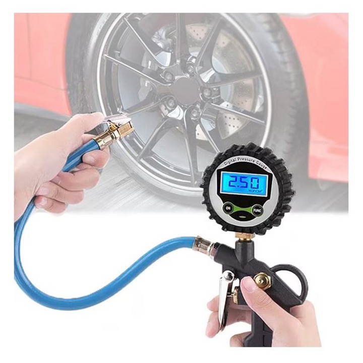 Pistol aer pentru umflat/dezumflat anvelope, AutoSSF ®, cu manometru digital, maxim 10 bari, cupla rapida si furtun 35 cm