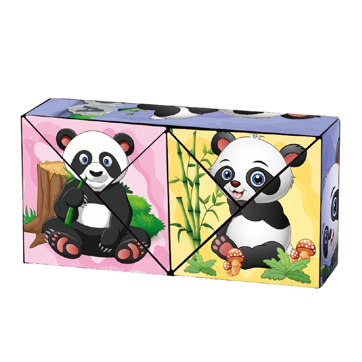 Joc de memorie, Cub pliabil cu model 3D panda, Multicolor, +3ani