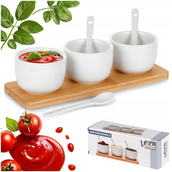 Set Boluri Cu Linguri Pe Tava, Vilde, 21.5x6.5x5.5x6.7x4.5 cm, 90 ml, Ceramica, Tava Din Lemn De Bambus, Pot Fi Spalate In Masina De Spalat Vase, Pot Fi Folosite In Cuptorul Cu Microunde, Alb, 7 Piese