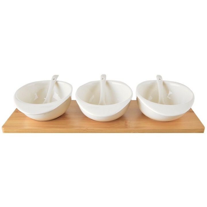 Set Boluri Pentru Gustari Cu Lingurite Pe Tava, Orion, 32x13x5.5 cm, Portelan, Tava Din Lemn Natural De Bambus, Lingurite De 11 cm, Alb, 7 Piese