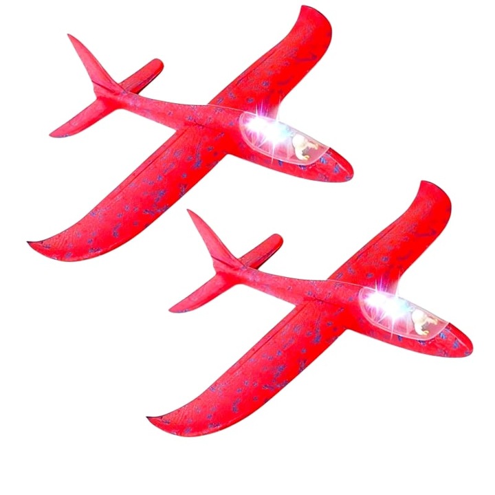 Set 2 Avioane Planor cu Pilot, Polistiren, Cu Lumini in cabina pilotului, 47 cm, Rosu