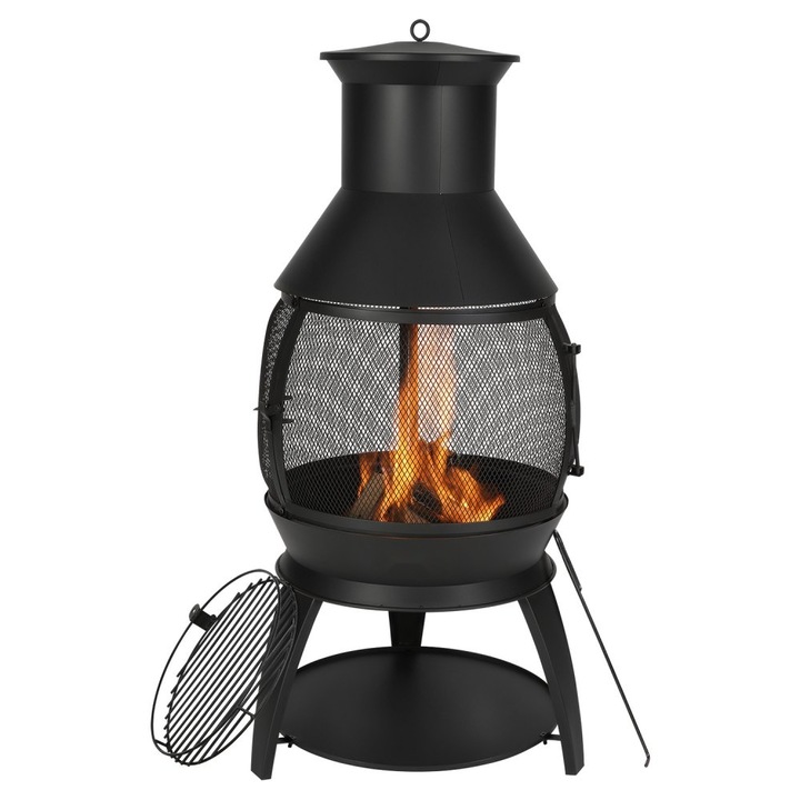 OEM Kültéri kandalló Chiminea, vasból, 22 hüvelyk, rácshálóval, kéményréteggel