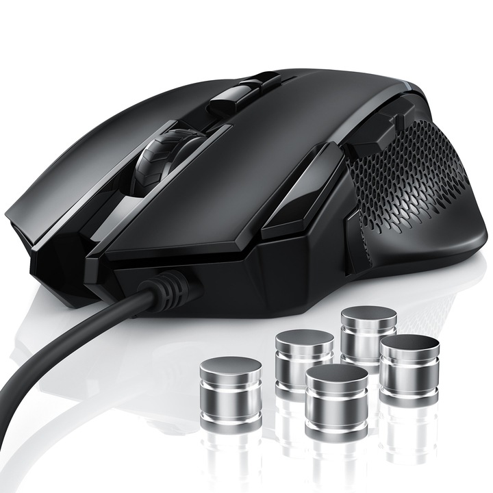 CSL Vezetékes USB egér súlyokkal, Optikai egér PC-hez USB-vel játékhoz, 3200 DPI mintavételi frekvencia, Nagy pontosság + Fogás + Optimális kezelés, 9 gomb, 5 darabos súlybeállítás fekete