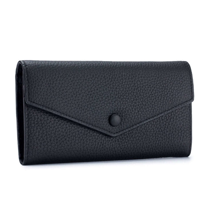 Portofel de Dama din Piele Naturala Clavi, Moale, Delicat, Protectie RFID, Mini Clutch, Dimensiuni 19x10.5x3 cm, Negru
