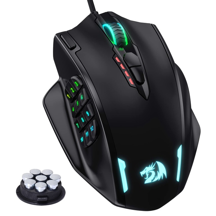 Redragon M908 Impact RGB LED MMO мишка със странични бутони, кабелна оптична геймърска мишка с 12 400 DPI, висока прецизност, 20 програмируеми бутона