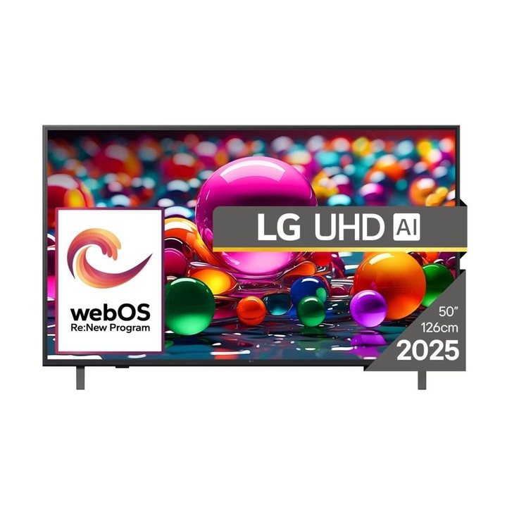 LG TV, 50UA75003LA, 50", 4K, UltraHD, 4K, 3840x2160, DVB-T2/C/S2, webOS 25 Smart, ThinQ AI, Alpha 7 AI processzor, WiFi, HDR10 pro, HLG, ALLM/HGiG, 4K felskálázás, AI Sound pro, Fekete
