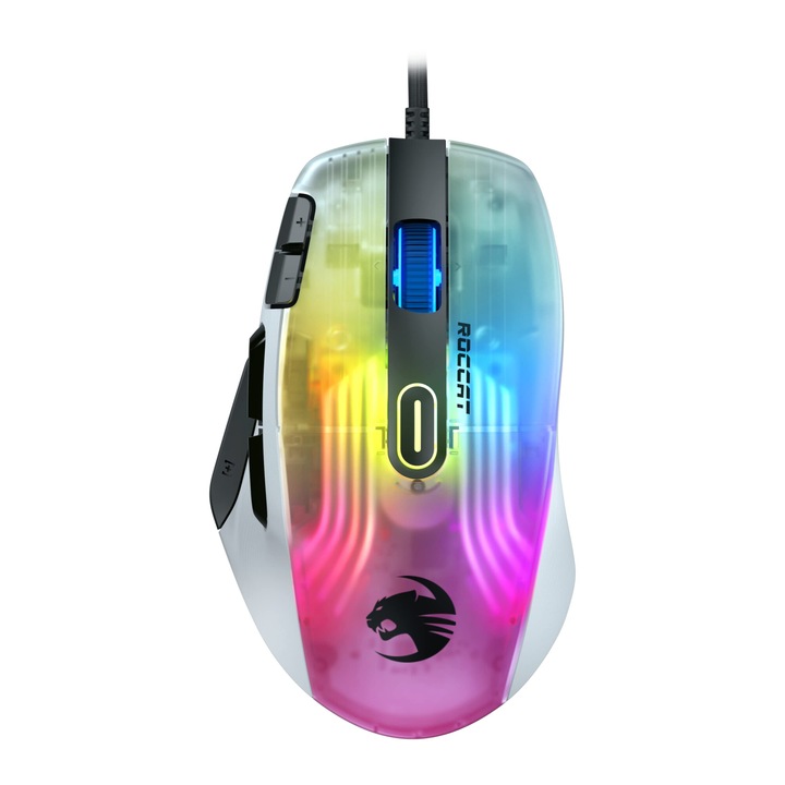 Roccat Kone XP - Játékos egér 3D megvilágítással és 19 000 DPI optikai érzékelővel, Krystal 4D görgővel, többgombos funkcionalitással és Aimo RGB világítással, fehér
