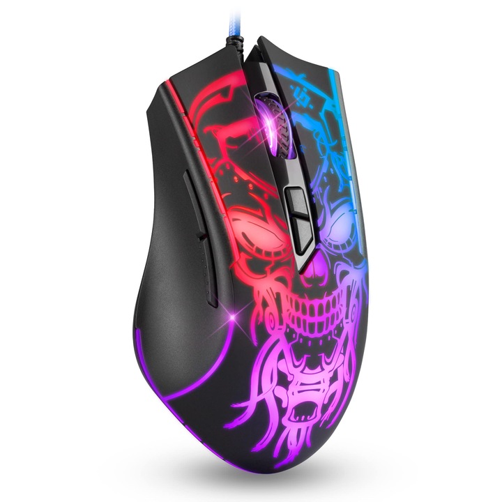 Геймърска мишка Defender Bulletstorm GM-928 с кабел, ергономична с оптичен сензор, 7 бутона, 4 DPI настройки, многоцветна подсветка, мек на допир корпус, черна