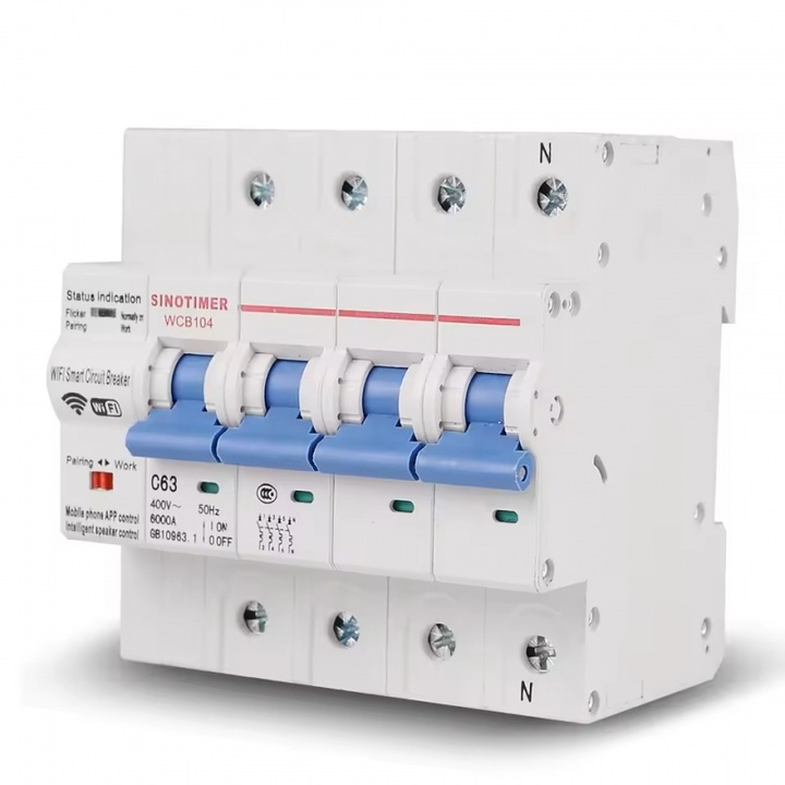 Intrerupator de circuit inteligent Sinotimer, Tuya, WiFi trifazat 4P,380V, 63A, protectie suprasarcina, scurtcircuit