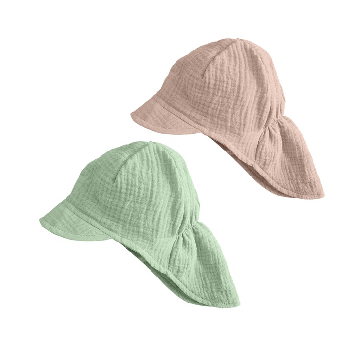 Sapca pentru copii din muselina cu cozoroc si protectie gat Maitre, Bej Natural/Verde menta