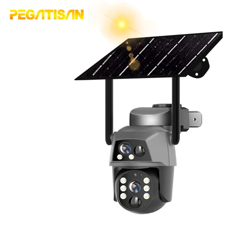 Camera de supraveghere exterioara Pegatisan, 8MP, 4K UHD, viziune nocturna, rezistenta la apa, cu panou solar
