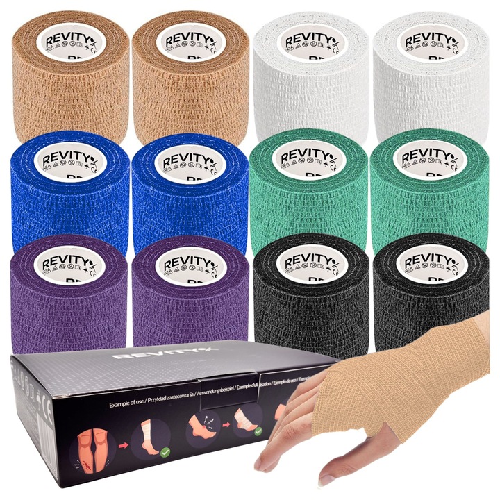 Bandaj elastic cohesive Revity, set 12 bucati, 4.5m x 5cm, multicolor
