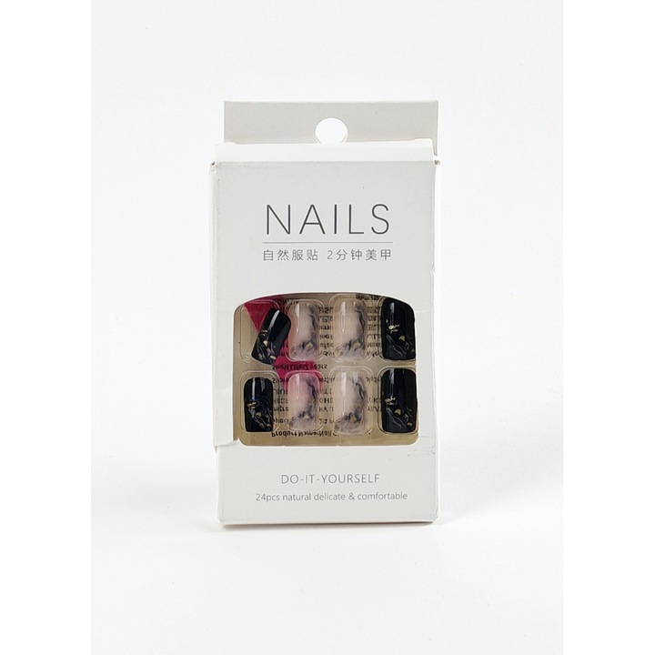 Set 24 unghii false cu model, Negru/Alb, Shein