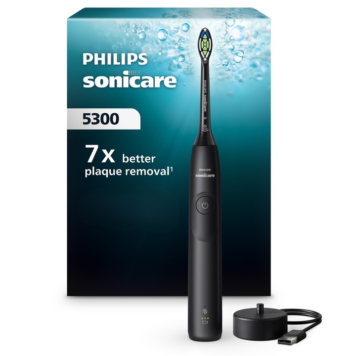 Periuta de dinti electrica Philips Sonicare HX7101/01, 62.000 miscari/minut, autonomie 21 zile, 1 mod periere, 2 intensitati, senzor presiune integrat, functia BrushSync, inclus capat de periere Otimal White, negru