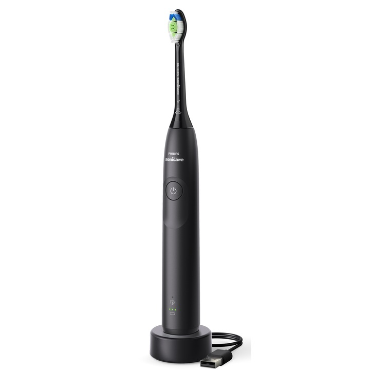 Електрическа четка за зъби Philips Sonicare HX7101/01, 62 000 движения/минута, 21-дневен живот на батерията, 1 режим на четкане, 2 интензитета, вграден сензор за натиск, функция BrushSync, включена глава за четка Optimal White, черна