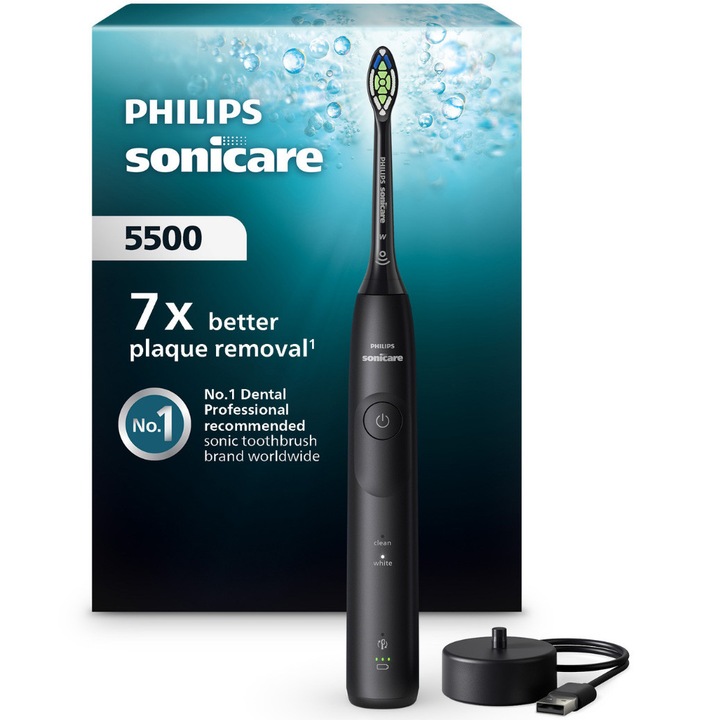 Periuta de dinti electrica Philips Sonicare HX7111/01, 62.000 miscari/minut, autonomie 21 zile, 2 moduri periere, senzor presiune integrat, functia BrushSync, capat de periere Otimal White, negru