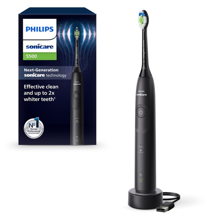 Електрическа четка за зъби Philips Sonicare HX7111/01, 62 000 движения/минута, 21-дневен живот на батерията, 2 режима на четкане, вграден сензор за натиск, функция BrushSync, глава на четката Optimal White, черна
